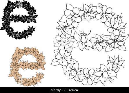 Kleiner Blumenbuchstabe E mit üppig blühenden Blumen und gebogenen Blättern im Umrissstil, einschließlich brauner und schwarzer Farbbuchstaben Stock Vektor