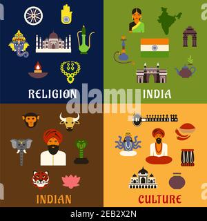 Indische Kultur, Religion, Reisen und nationale flache Ikonen mit der Karte Flagge Tempel Tiere der Anbetung Musikinstrumente Teeblätter, Skulpturen von gott Stock Vektor