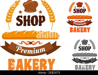 Premium Bäckerei oder Konditorei Ikone mit französisch Baguette und Bäckerhut, eingerahmt von Weizen mit Sternen und Band Banner Stock Vektor
