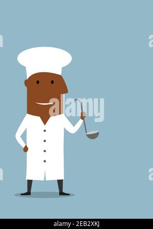 Lächelnder afroamerikanischer Koch oder Koch in weißem Uniformmantel und Haube, stehend mit Schöpfkelle in der Hand. Flacher Cartoon-Stil Stock Vektor