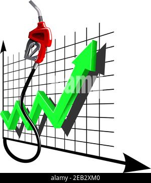 Rote Benzinpumpe Düse mit Liniendiagramm grünen Pfeil. Weist auf eine zunehmende Dynamik der Kraftstoffpreise hin, für das Design von Themen der Gas- und Ölindustrie Stock Vektor