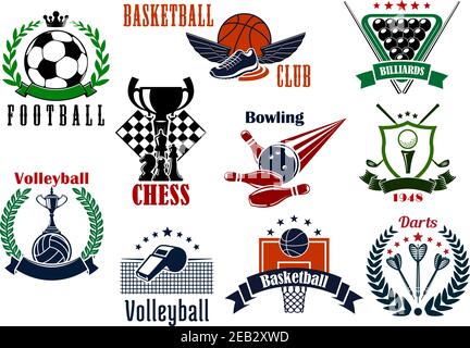 Sportspiel Embleme und Symbole von Fußball und Fußball, Basketball und Darts, Golf und Volleyball, Bowling, Billard und Schach Symbole. Vom Sport geschmückt Stock Vektor