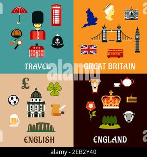 Architektonische und historische Wahrzeichen, Kultur und nationale Symbole Großbritanniens. Flache Symbole im Reisedesign Stock Vektor