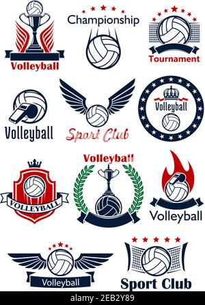 Volleyball Spiel Sport Embleme, Symbole und Symbole mit Bällen, Trophäen, Pfeifen und Netzen. Dekoriert mit Wappschild, Kranz und Bändchen, sta Stock Vektor