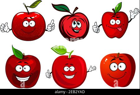 Knackig saftige rote Apfelfrüchte Cartoon-Figuren mit grünen Stielen und Blättern, für Landwirtschaft und Lebensmittel Themen Design Stock Vektor