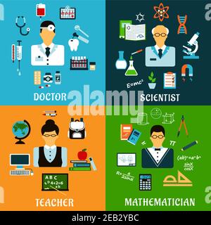 Medizin, Bildung und Wissenschaft Berufe flache Ikonen des Arztes mit Drogen, Lehrer und Mathematiker mit Schulbedarf, Wissenschaftler mit Labor Stock Vektor