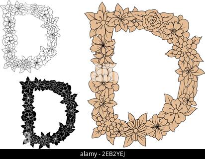 Floraler Großbuchstabe D mit Schnörkeln und Blättern, in Umrissen, schwarz und beige Variationen Stock Vektor
