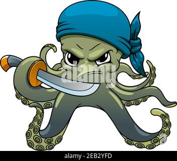 Wütend Oktopus Piraten Cartoon-Figur in blau Bandanna, hält Schwert in gekrümmten gefährlichen Tentakeln Stock Vektor