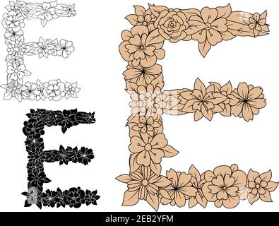 Vintage Blumenbuchstabe E in Großbuchstaben, verziert mit Blumen und Blättern, für Monogramm oder Schriftdesign Stock Vektor