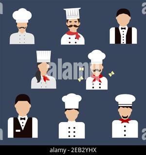 Food Service Beruf flache Ikonen mit Köchen, Bäcker in Uniform Tuniken und Hüte und Kellner in eleganten Westen mit Krawatten Schleifen Stock Vektor