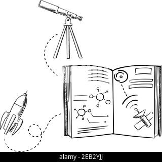 Rakete oder Raumfähre, Teleskop auf Stativ und offenes Buch mit Satellit, Sonnensystem und Planeten, für Bildung, Raum oder Astronomie Design Stock Vektor