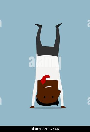 afroamerikanischer Geschäftsmann in Anzug tun Yoga Handstand Pose, versuchen, nach einem anstrengenden Tag zu entspannen. Cartoon flache Figur Stock Vektor