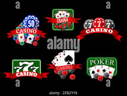 Casino-Symbole mit Poker-Hände von Asse Karten, Glücksspiel-Chips, Jackpot Glück dreifach sieben und Roulette-Tisch, dekoriert durch rote Band Banner Stock Vektor