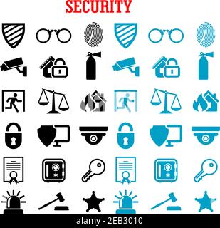 Sicherheit und Sicherheit flache Symbole Set mit Web-Sicherheit Schilde, Vorhängeschloss, Schlüssel, Safe, Videoüberwachung, Brandschutz, Patent, Justiz Waage, Handschellen Stock Vektor