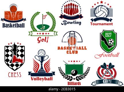 Einzel-und Team-Sport-Spiele Symbole mit Fußball oder Fußball, Basketball, Bowling, Billard, Volleyball, Darts, Schach, Golfartikel, Wappentisch Stock Vektor