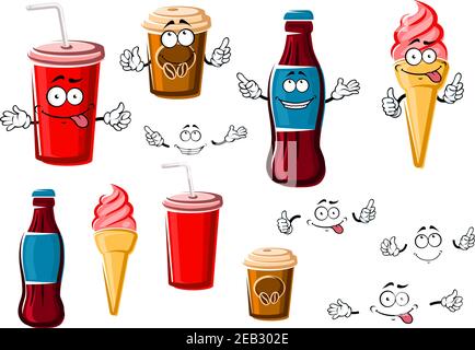 Happy Cartoon Kaffee und Limonade Getränke in Pappbecher zum Mitnehmen, Erdbeer Eis Kegel und Flasche Softdrink, für Fast Food oder Dessert-Design Stock Vektor