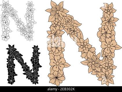 Blumenbuchstabe N in Großbuchstaben mit braunen Vintage-Blumen Und üppiges Laub mit Umriss farblos und schwarz Variationen Stock Vektor