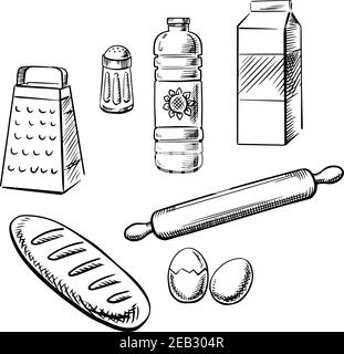 Backwaren und Küchengeschirr mit Milchpackung, Flasche Sonnenblumenöl, Eier, Salz, Reibe, Nudelholz und langem Laib Brot. Skizzensymbole f Stock Vektor