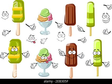 Fröhliche Eis-Cartoon-Figuren mit Schokolade-Eis-Bar, bunte Eisbecher Dessert und grün fruchtigen Eis auf Sticks. Isoliert auf weiß für Stock Vektor