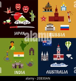 Japan, Russland, Indien und Australien reisen flache Ikonen mit architektonischen Sehenswürdigkeiten, Kultur, Industrie, Religion und nationalen Symbolen Stock Vektor