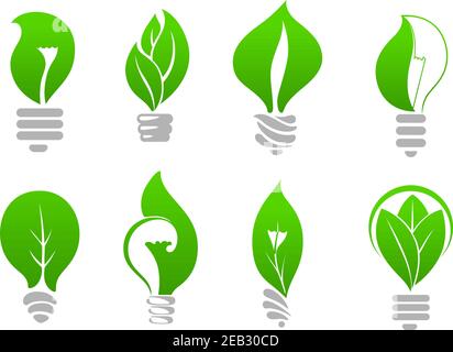Grüne Energie Öko-Glühbirnen Ikonen von stilisierten Lampen mit frischen Blättern im Inneren, für Ökologie oder energiesparende Themen Design Stock Vektor