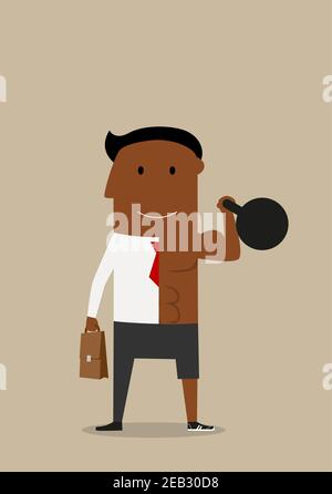 Gesunde Cartoon african american Geschäftsmann erfolgreich kombiniert Sport und Wirtschaft. Gesunde Lebensweise und Work Balance Stock Vektor