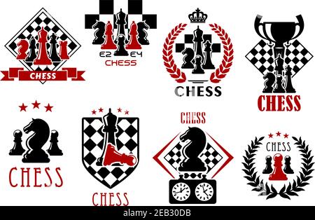 Schachspiel heraldische Symbole von Schachbrettern mit Stücken von Königen, Königinnen, Bischöfen, Rittern, Rook und Bauern, Uhr, Trophäenbecher, heraldic Schild, Kränze Stock Vektor