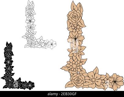 Vintage ornamental floral font Großbuchstabe L, mit üppigen blühenden Blumen und Blättern komponiert Stock Vektor