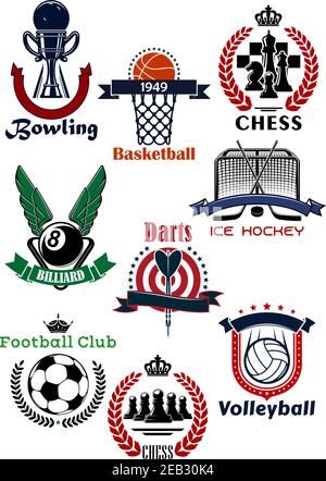 Sport-Spiele Symbole und Symbole mit Gegenständen aus Fußball, Fußball, Basketball, Eishockey, Billard, Bowling, Volleyball, Schach und Darts. Ergänzt durch Stock Vektor