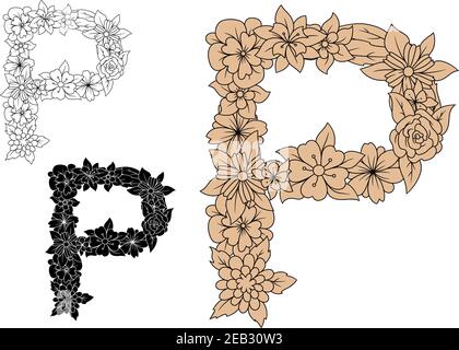 Vintage floralen Großbuchstaben P mit eleganten Blumen und Feld Kräuter. Für Schrift- oder Monogramm-Design in Umriss und schwarzen Farbvariationen Stock Vektor