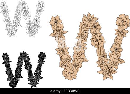 Retro floral Alphabet Schrift Großbuchstabe W mit dekorativen braunen Blumen und Blättern. Für Vintage Monogram oder romantisches Schriftdesign Stock Vektor