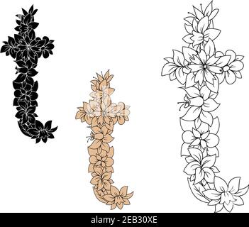 Retro floral Alphabet Schrift der Kleinbuchstaben t, geschmückt von Blumen und Blättern in schwarz, braun und umreißen farblosen Stil. Für Grußkarte oder Mono Stock Vektor