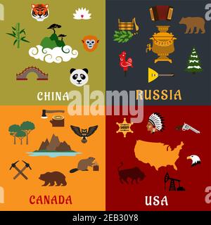 USA, China, Russland und Kanada Reisekonzept mit Natursehenswürdigkeiten, seltenen Tieren, historischen und nationalen Industrie flache Ikonen Stock Vektor