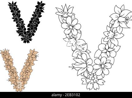 Blumenlowcase dekorativen Buchstaben V von Umriss Blumen im Retro-Stil komponiert. Für Alphabet oder Schriftdesign Stock Vektor