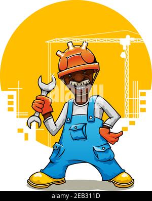 Glücklich reifen afroamerikanischen Baumeister Cartoon-Charakter in orange Hut und blauen Overalls mit Schraubenschlüssel in der Hand. Baustelle im Hintergrund Stock Vektor