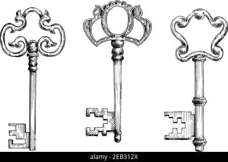 Alte antike Türschlüssel mit dekorativen Schleifen. Skizzieren Sie Symbole für geheime Themen oder Sicherheitsthema Stock Vektor