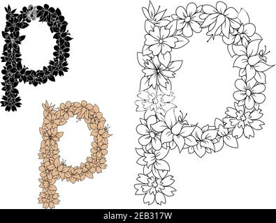Retro floralen kleinen Buchstaben p von Blumen, Knospen und sappy Laub in Umriss farblos, schwarz und braun Variationen verziert Stock Vektor
