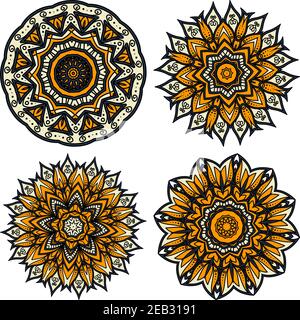 Abstrakte florale Kreismuster aus gelben Blütenknospen und Blättern mit aufwändigen Ornamenten. Für Fliesen, Dekoration oder Teppich Muster Design Stock Vektor
