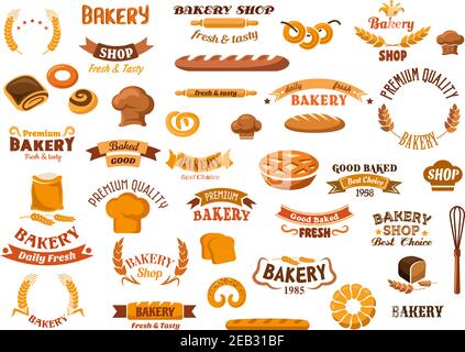 Backwaren und Gebäck Design-Elemente mit verschiedenen Arten von Brot und süßen Brötchen, Kuchen, Brezeln, Bagels, Bäcker Hüte, Mehl und Weizenohren, Schneebesen, Rollin Stock Vektor