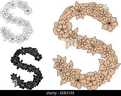 Brauner Blumenbuchstabe S in Großbuchstaben mit Vintage Ornament aus Blumen und Feldkräutern, für Monogramm oder dekoratives Alphabet Design Stock Vektor