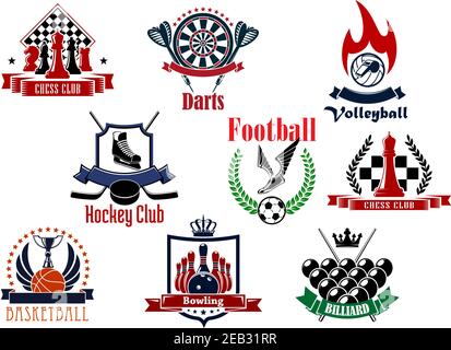 Sportspiel-Ikonen oder Embleme mit Fußball oder Fußball, Schach, Volleyball, Eishockey, Darts, Basketball, Bowling und Billard mit Wappentier Stock Vektor