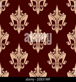 Fleur-de-LIS florales Nahtloses Muster mit stilisierten beigen Lilienblumen auf braunem Karminhintergrund. Innentapeten-Design Stock Vektor