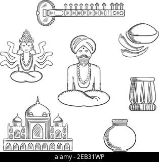 Indische Kultur und Religion Skizzen Ikonen mit Sitar, frischen Chili-Pfeffer und Chilipulver, Tabla Trommel, Vase, alten Tempel, Gott Vishnu, bärtigen Mann in Stock Vektor