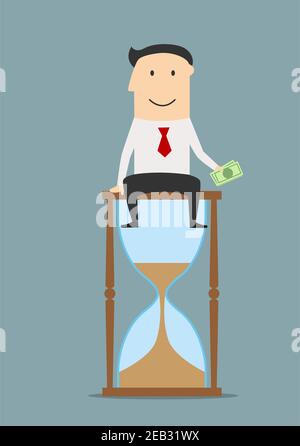 Cartoon lächelnd erfolgreichen Geschäftsmann sitzt auf einer Sanduhr mit Geld in der Hand. Zeit ist Geld oder Erfolg Konzeptdesign Stock Vektor