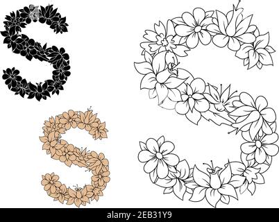 Großbuchstabe S, zusammengesetzt mit Muster von Blumen und Blättern in Umrisse farblose, schwarz und braun Variationen. Retro-Alphabet und Font-Element Stock Vektor