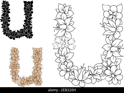 Dekorativer Buchstabe U in Kleinschrift mit Vintage-Blumenmuster in farblosem Umriss, schwarz und braun Variationen Stock Vektor