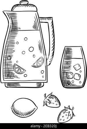 Kalter süßer Erdbeer- und Zitronensaft. Frische Zitronen und Erdbeerfrüchte in Krug und gefülltes Glas mit Eiswürfeln. Skizzendarstellung Stock Vektor