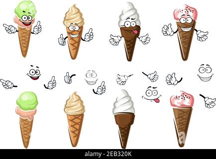 Köstliche Cartoon-Eiszapfen mit Erdbeer-, Vanille-, Karamell- und Pistazien-aromatisierten Kugeln. Für Dessert-Menü-Design Stock Vektor