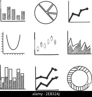 Geschäftsstatistiken und Diagramme mit Kreisdiagrammen, Balkendiagrammen, Pfeildiagrammen und Flussdiagrammen mit verschiedenen Leistungstrends. Symbole für Skizzenstil Stock Vektor