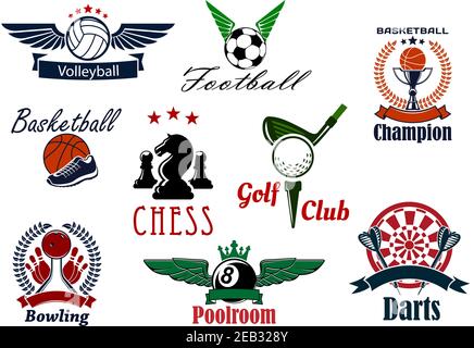 Sportverein oder Mannschaftssymbole mit Volleyball, Fußball, Fußball, Basketball, Golf, Schach, Billardraum, Darts und Bowling mit Sportartikeln und Wappentisch Stock Vektor